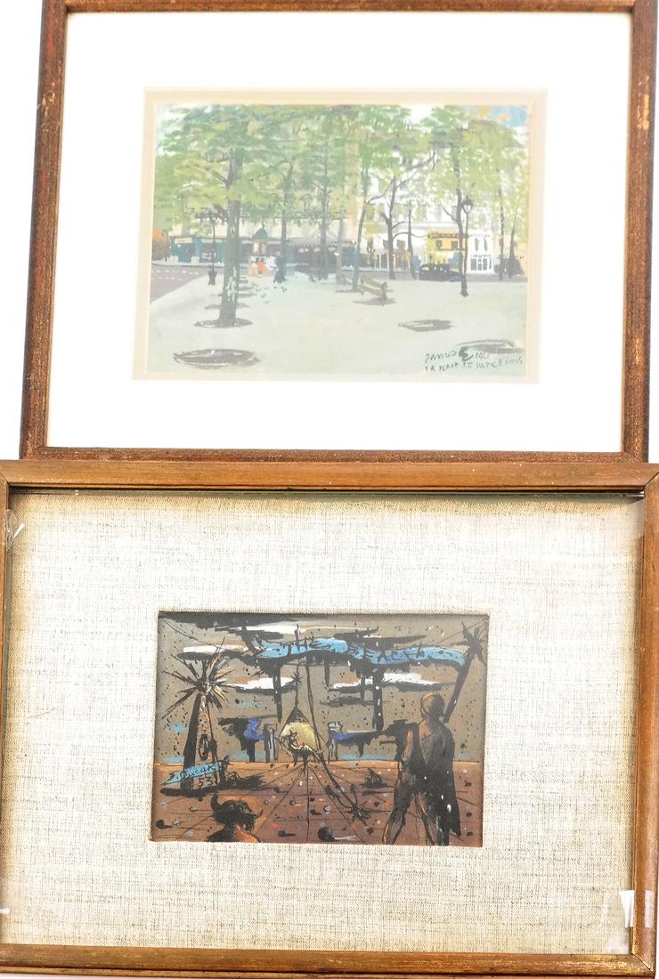 2 Small Works on Paper - Paris Scene & Surrealist Scene (1 of 7)