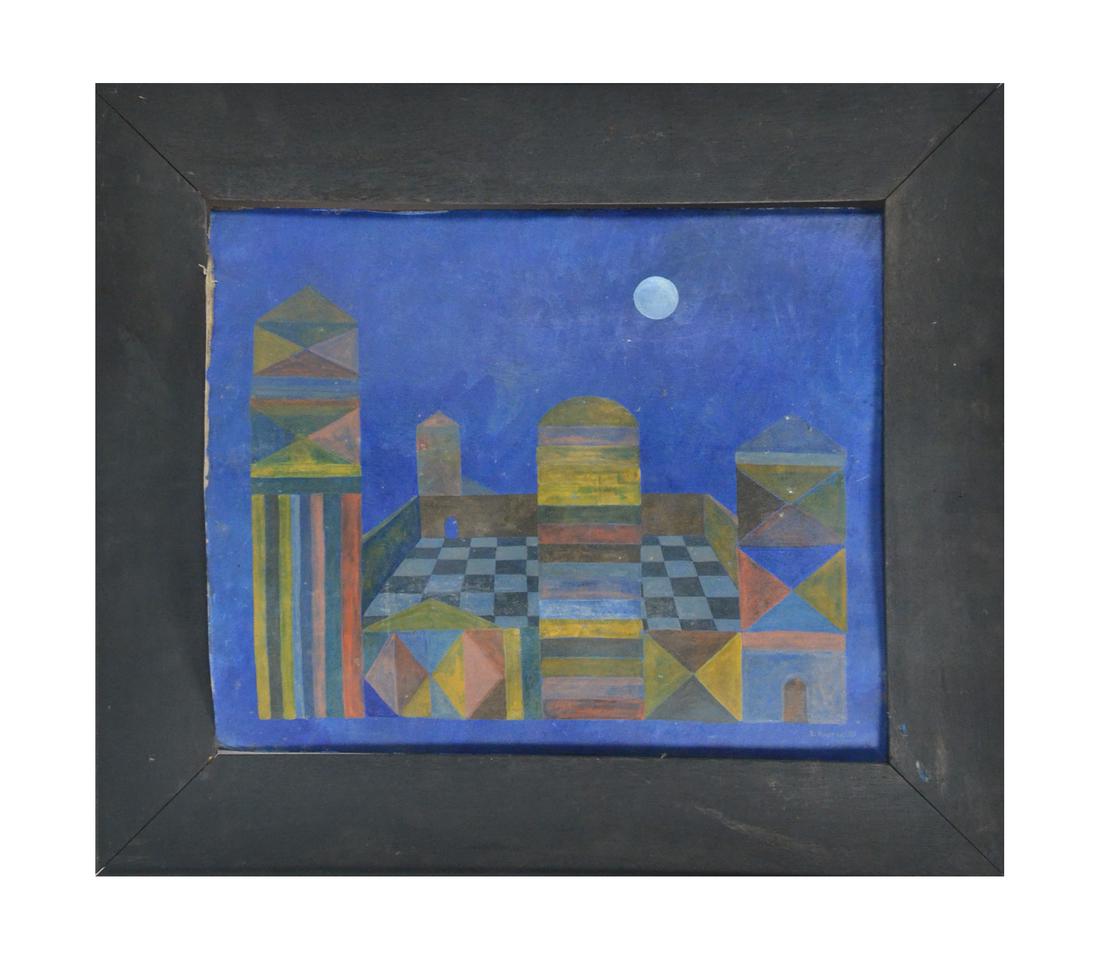 E. Rustia, '60s Geometric, Oil on Canvas: Geometric abstract building under moonlight. Signed bottom right. Framed. From the collection of Spencertown Art & Antique Company. Dimensions: Sight: 13.5" H x 16.25&qu