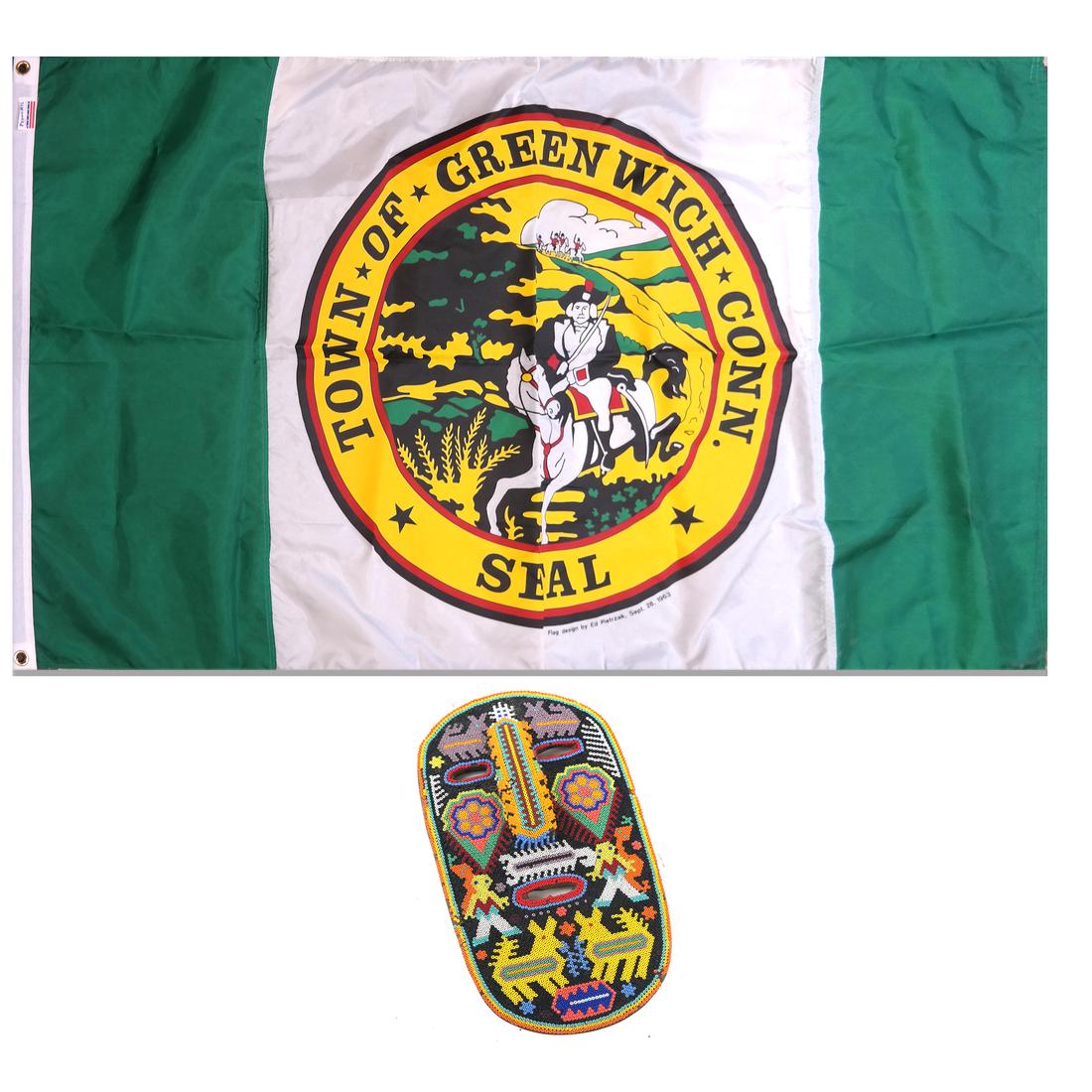 Fabric Mask and a Greenwich, CT Flag / Banner: Comprises a banner "Town of Greenwich, CT - Seal," and a bearded mask. Dimensions: Banner - 61" H x 36" W; Mask - 9" H&nbs