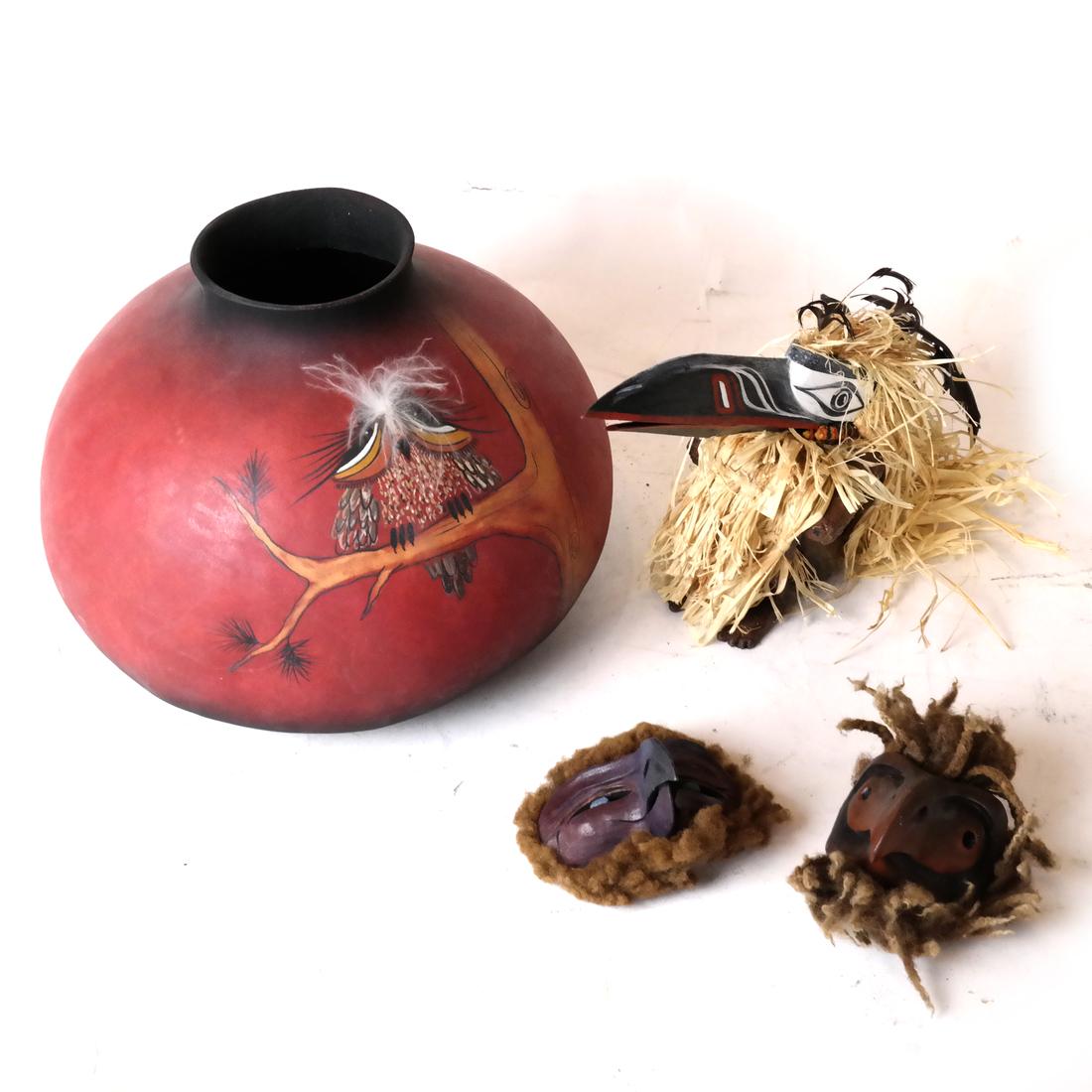 Collection of Bird Decorations: Comprising: a red owl composite vase, a bird by B. Nelson Daniel, and two bird decorations.
