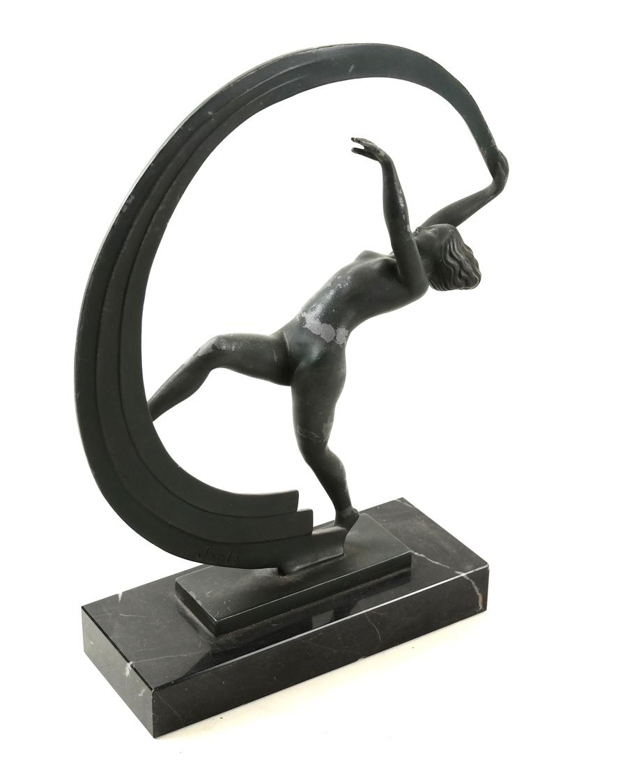 Janle (French, 20th c.) - Art Deco, Metal Scarf Dancer: A metal figure of a nude female scarf dancer on a marble base, signed "Janle", stamped "M. Le Verrier", Paris, Foundry. Dimensions: 8" W x 4" D x 12"H;&nbs