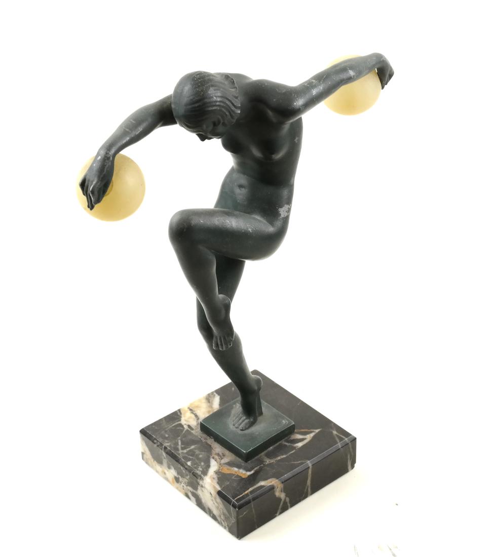 Denis - Art Deco Figure "Danseuse aux Boules": Maurice or Marcel Denis (French, 20th c.) metal figure of a nude female, with both outstretched arms holding balls. Signed "Denis" on base. Dimensions: 8.5" W x 3.5" D&nb