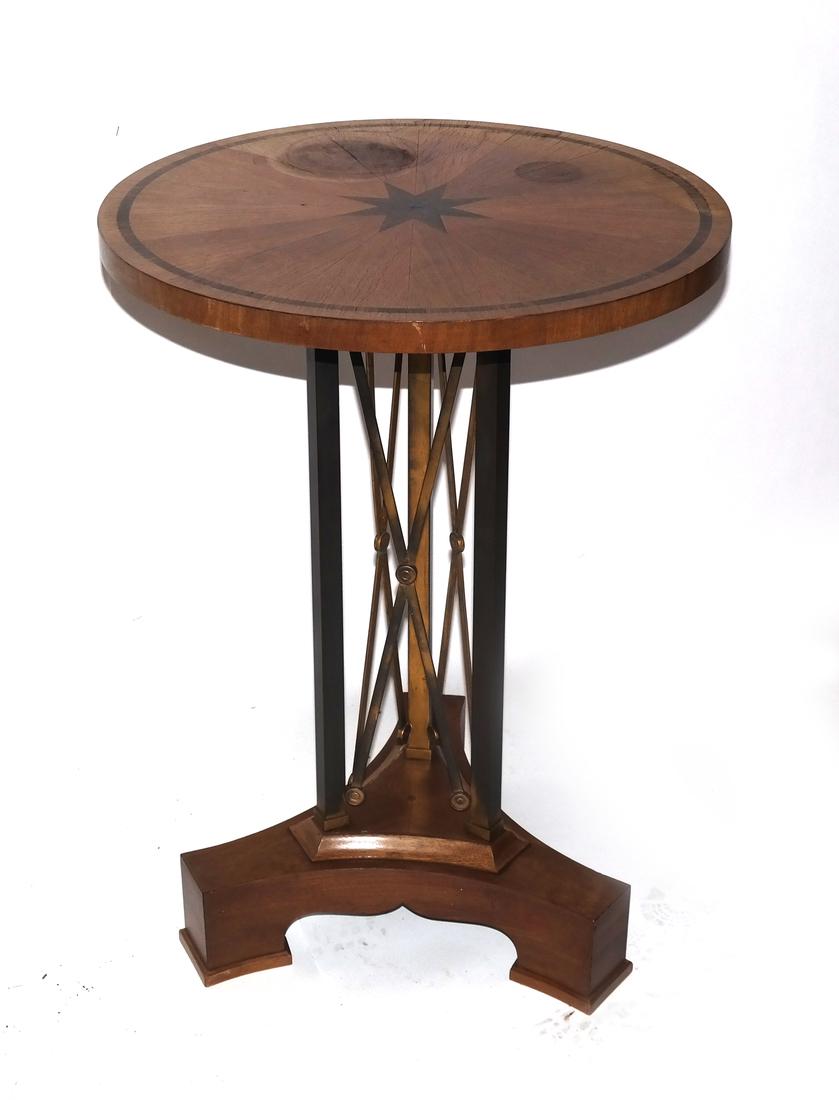 Biedermeier Inlaid Medallion Bouillotte Table: Biedermeier inlaid medallion bouillotte table with brass mounts. Dimensions: 30" H x 21.5" W; 