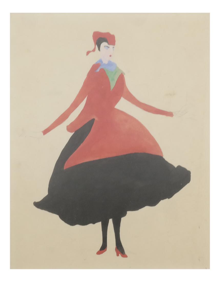 Konrad Cramer - Woman in Black and Red - Watercolor: Konrad Cramer - Woman in a Red Dress with Wallpaper Sample on Verso. Pencil, watercolor and gouache on paper. Estate stamp on verso "Konrad Cramer, Woodstock, NY". Provenance: From the estate of the a