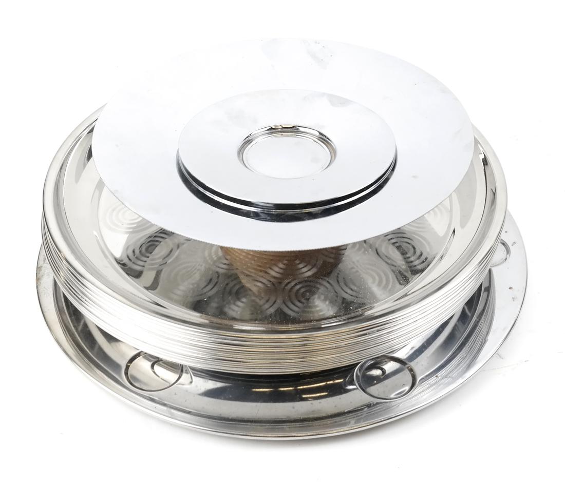 Group of Stainless Steel Serving Pieces: Group of stainless steel serving pieces, including set of 10 platters, tazza with bamboo wrap on base, two small plates and one larger platter. 14 pieces total. Dimensions: Set of 10 - 