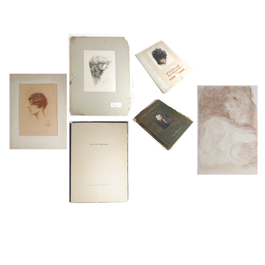 Art Folios and Matted Works, Lot of 7: Including a folio of Ernst Linnenkamp, Norman Rockwell, A Girl's Life and a pastel of "Mayo" signed and dated 1926. 20th century.