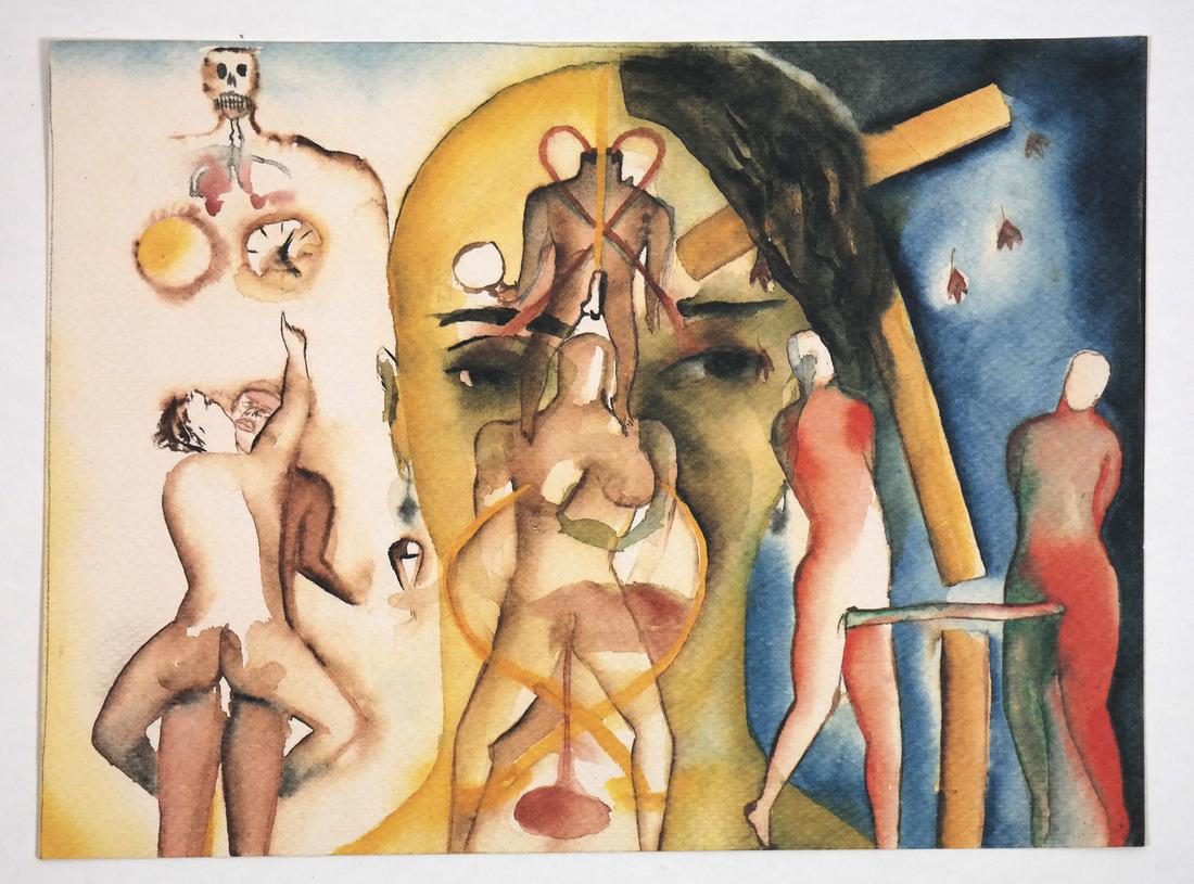 Francesco Clemente, Lithograph: Francesco Clemente (Italian b.1952), lithograph depicting imagery from "The Fourteen Stations". Artist's name and gallery information, stains and small number '5', offset printed on verso. Unsigned, u