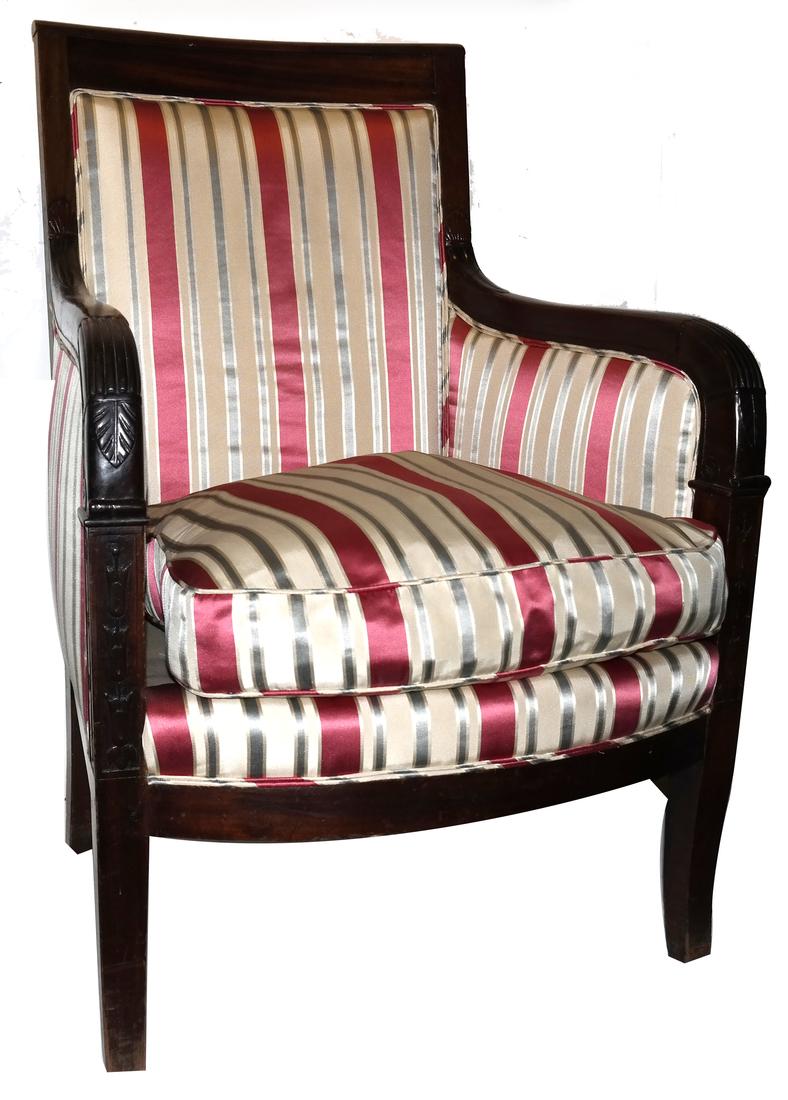 19th Century Mahogany Upholstered Bergere: Having a loose down cushion and silk upholstery, French antique frame.