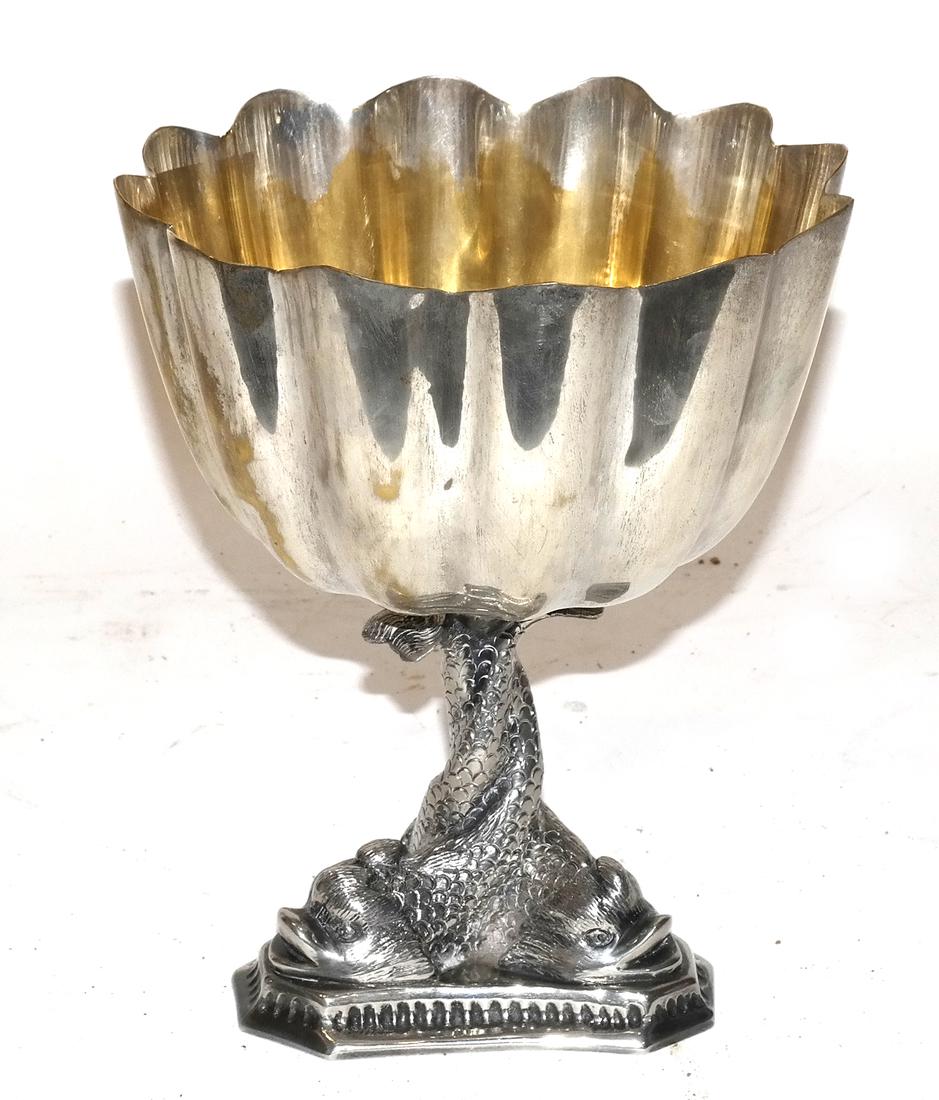 Dolphin Silver Plate Centerpiece: Having a scalloped top, mounted on dolphins.