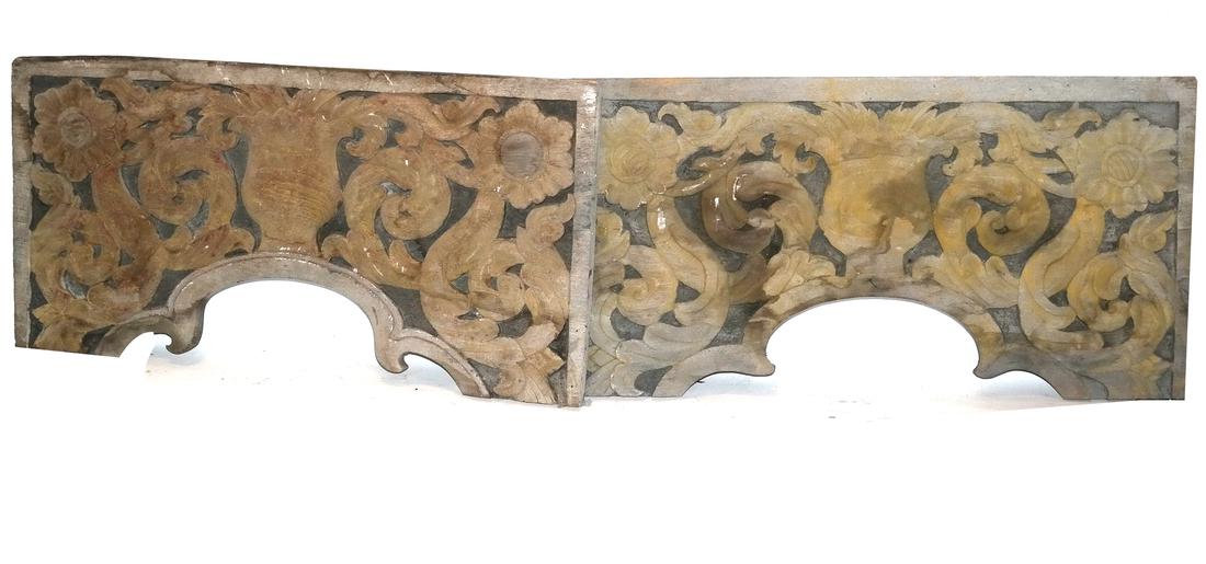 Pair Carved Antique Panels: Pair of hand-carved floral and urn design panels. Dimensions: 33" H x 16" W; 