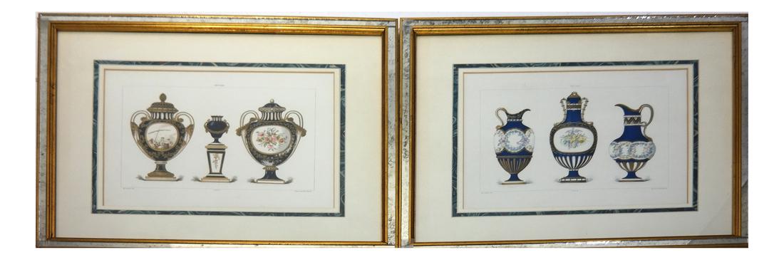 Pair of Prints, "Porcelain" Garnier, Gillot: Pair of prints depicting French "Sevres" porcelain vases and pitchers. Printed in France by Garnier, Gillot, Maison Quantin. J. Pocker Framers. Dimensions: 19" H x 22" W;