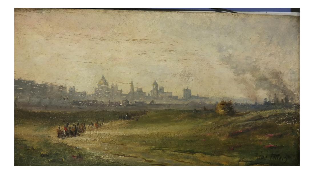 Rene Follery, Riverscape with City: Framed oil on board depicting figures on a riverbank with a city in view. Signed illegibly lower right. Bears Plaza Art Gallery label. Dimensions: Art: 10.25" H x 17.75&