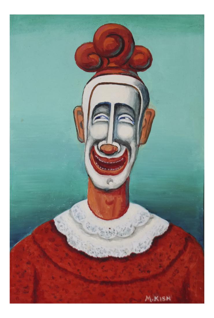 Maurice Kish, "The Smiling Clown" - Oil on Board: Oil on board by Maurice Kish, "The Smiling Clown." Signed lower right. Dimensions: Art: 8.25" H x 5.5" W; Frame: 13.25" H x 10.25