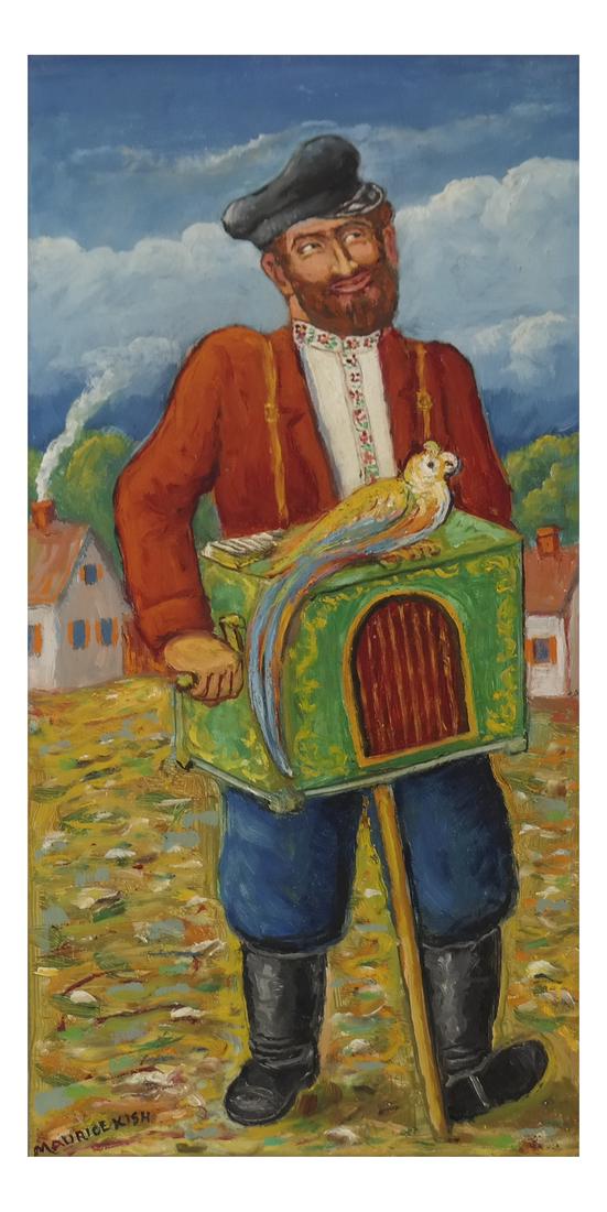 Maurice Kish, "Organ Grinder With Parrot": Maurice Kish "Organ Grinder With Parrot." Oil on panel. Dimensions: Art: 10.5" H x 5" W; Frame: 14.25" H x 9.5" W; 