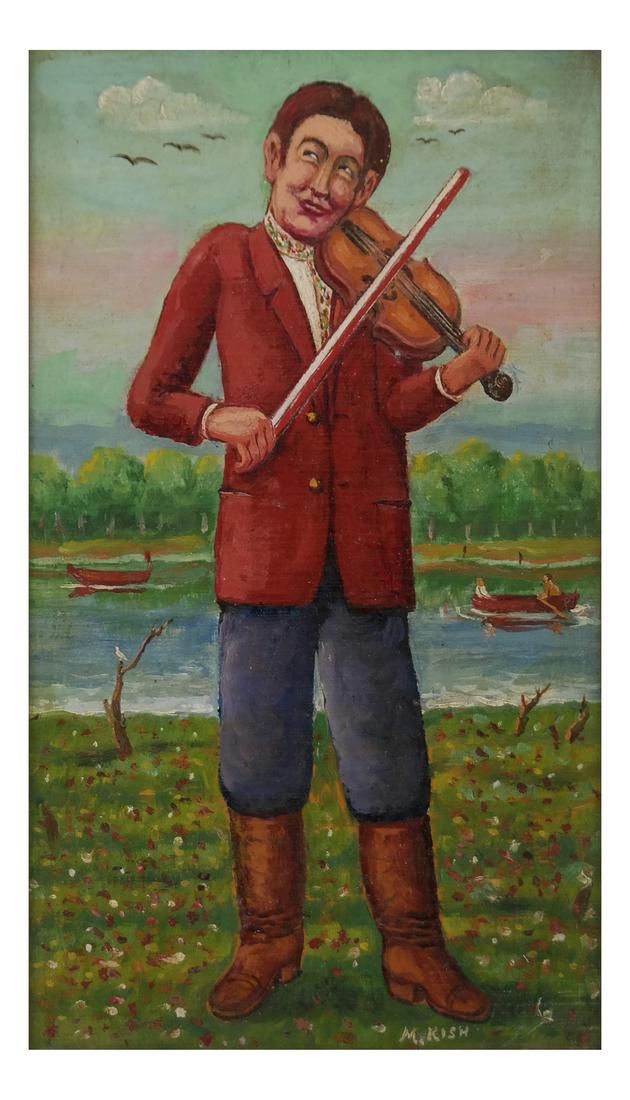 Maurice Kish, "The Open Air Fiddler" - Oil on Board: Oil on board depiction of a figure playing a fiddle. Signed lower right. Dimensions: Art: 8.25" H x 5.5" W; Frame: 12.25" H x 9.2