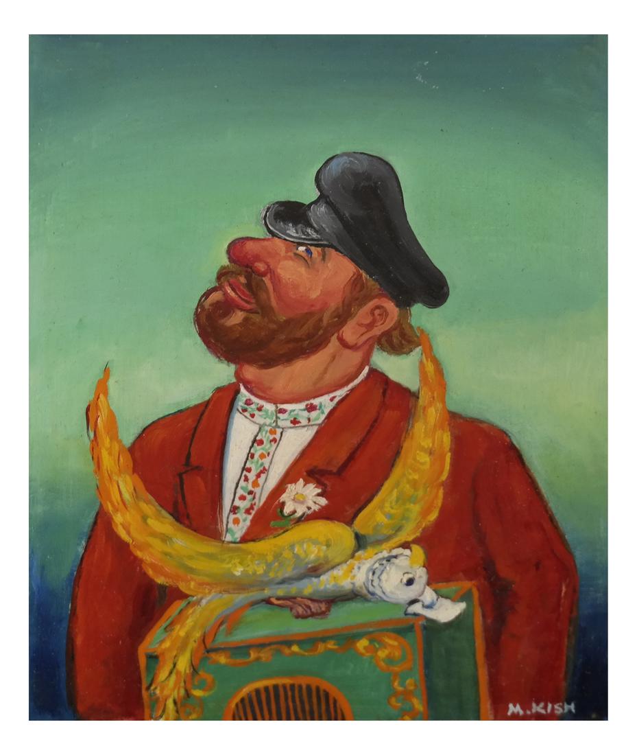 Maurice Kish, "The Organ Grinder" - Oil on Board: Maurice Kish oil on board depicting an organ grinder. Signed lower right. Dimensions: Art: 8.25" H x 6.25" W; Frame: 14.5" H x 12