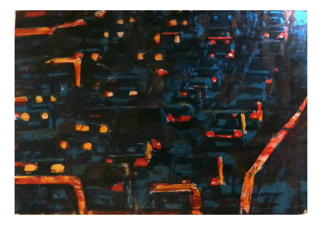 David Kapp, "The Hill" - Abstract Lithograph: David Kapp lithograph titled "The Hill" with abstract depiction of cars. Edition # 25/40. Dimensions: Art: 24" H x 35" W; Frame: 27.25" H&n