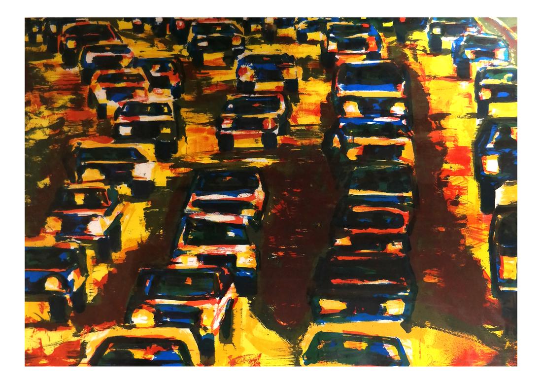 David Kapp, "The Merge" - Lithograph: David Kapp lithograph titled "The Merge," abstract depiction of cars. Edition 25/40. Dimensions: Art: 24" H x 35" W; Frame: 27.25" H x
