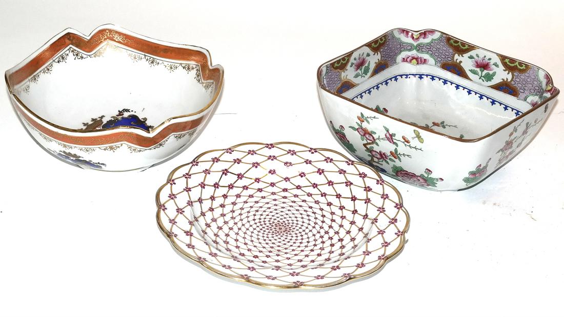 Porcelain Bowls (2) and Plate: Spode fruit bowl, export armorial fruit bowl and Limoge plate in the manner of Meissen.