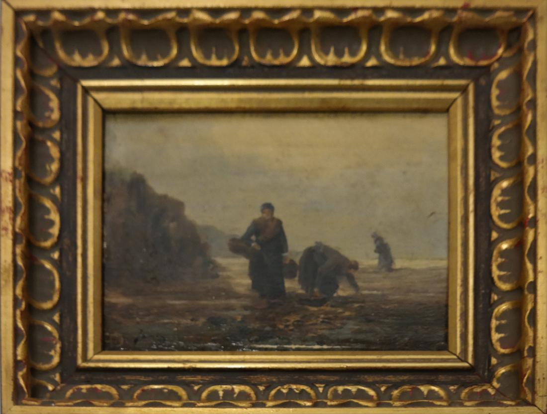 Jamie Fischer, At The Shore - Oil on Panel: Oil on panel depicting two figures gathering mussels at low tide. Dimensions: Art: 7.5" H x 9" W; Frame: 12" H x 14" W;