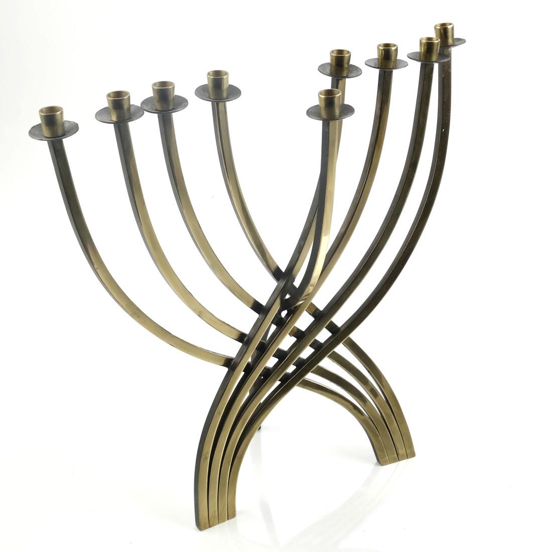 Gilt Brass Hanukkah Menorah: Gilt brass hanukkah menorah. Dimensions: 10" W x 3.5" D x 10.25"H; 
