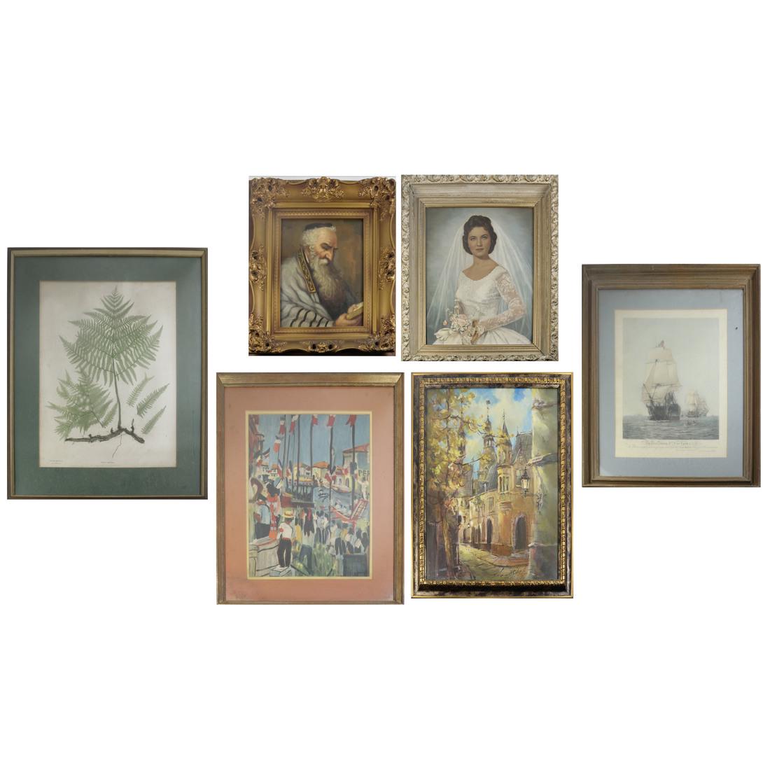 Six Works of Art: Includes: 1.) an oil on panel of a bride. 2.) an oil on canvas of a rabbi. 3.) a watercolor by Desnoyer depicting a street scene with figures. 4.) a giclee of a village scene. 5.) a print of a tall sh