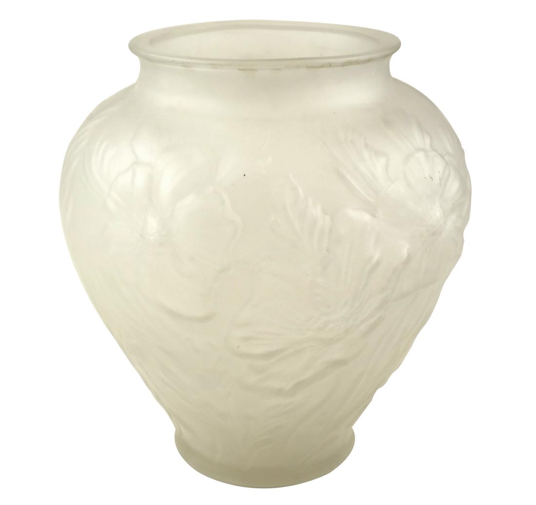 Style of Rene Lalique Mold-Blown Vase: Frosted glass, floral and leaf relief decorated vase. Dimensions: 8" H x 8.75" W; 