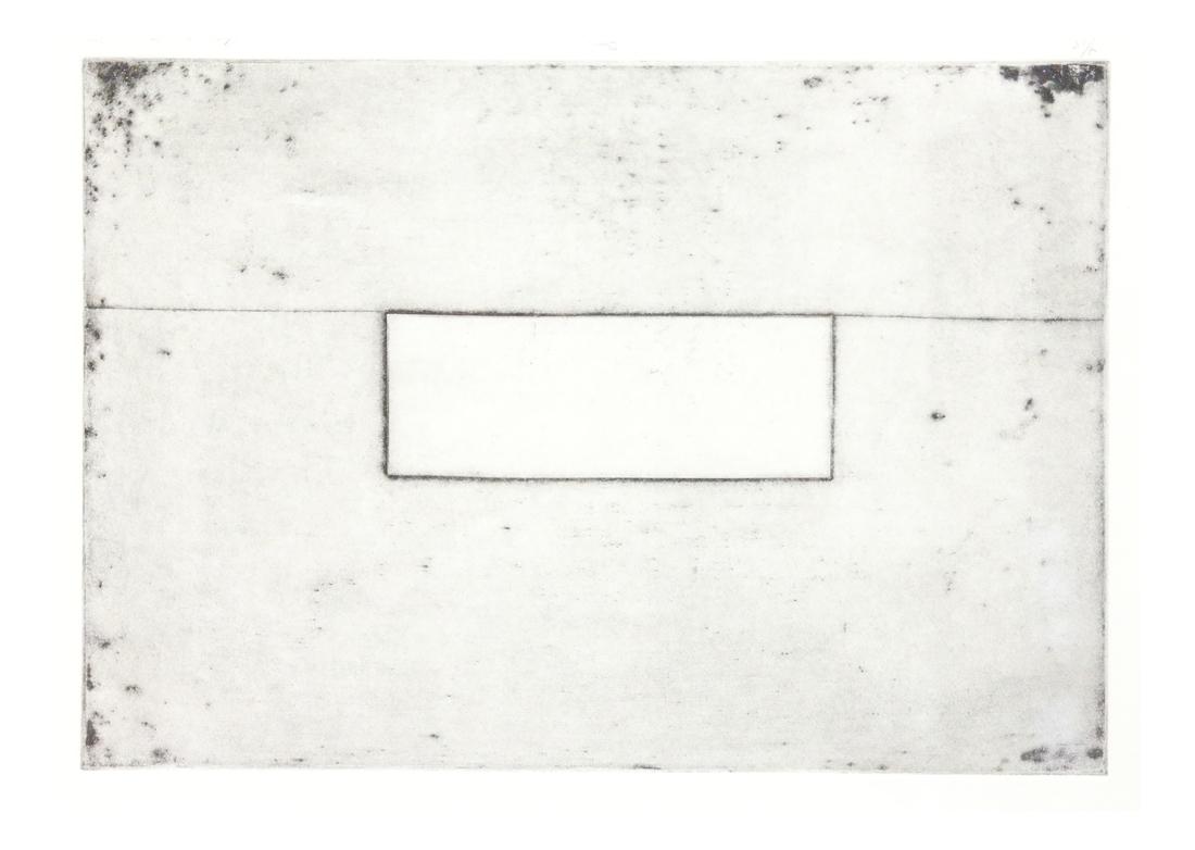 Angela Bing Jansen (b. 1929) Abstract Box: Etching on paper, depicting a rectangle on a line. Signed "Angela Jansen '78" lower right, "Edition 4/15", lower left. Mounted on paper matte in a wood frame. Dimensions: Art - 9"