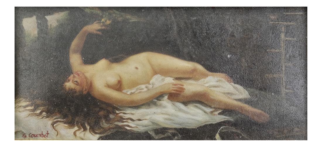 After Courbet, Print: Female Nude: Framed print depicting a reclining woman. Dimensions: Art: 5" H x 10" W; Frame: 5.5" H x 14.5" W; 