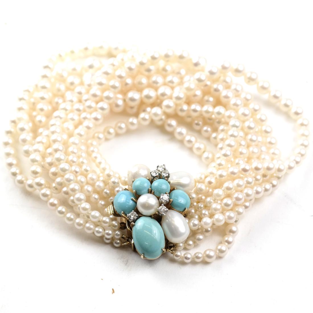 Turquoise, Cultured Pearl, and Diamond Bracelet (1 of 5)