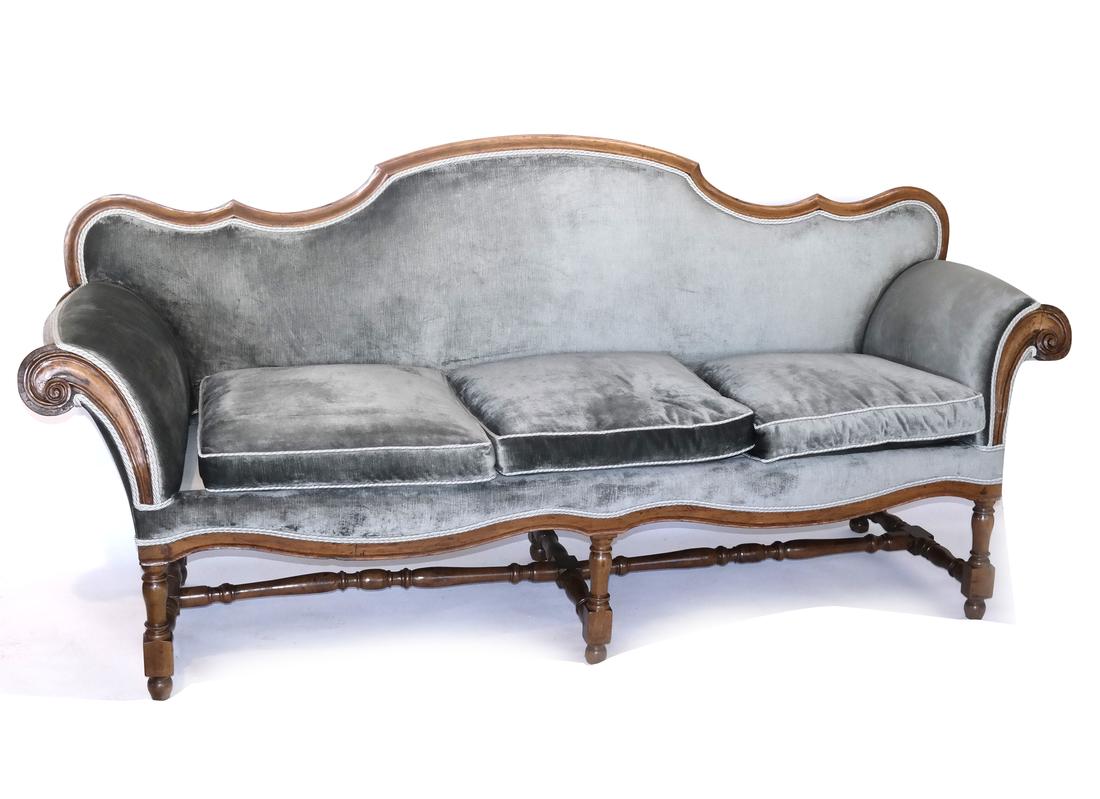 Italian Fruitwood Sofa: Antique Continental serpentine and scroll-form, blue upholstered three-seat sofa. Dimensions: 93" W x 24" D x 42"H; To Seat - 21"