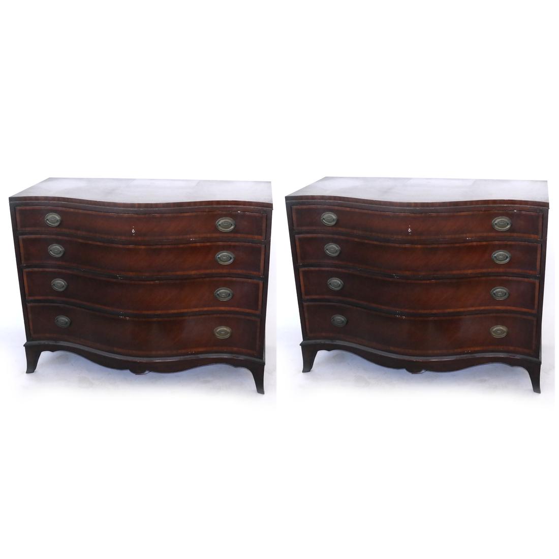 Pair of Mahogany Servers by Fancher Furniture Co.: Pair of serpentine-form banded four-drawer servers. Dimensions: 45" W x 21" D x 35.5"H; 