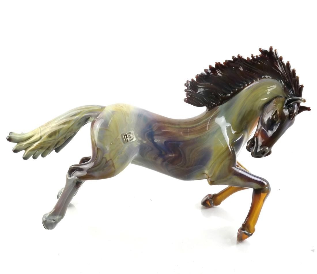 Italian Murano Rearing Horse Sculpture: Italian Murano glass cast glass sculpture of a rearing horse. Bears "Zanetti Murano" label. Etched signature "Zanetti Arusloho (?)" underneath. Late 20th century. Dimensions: 15" W x&nb