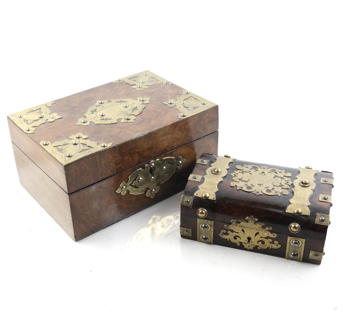 Two Burl Walnut and Brass Banded Boxes (1 of 6)