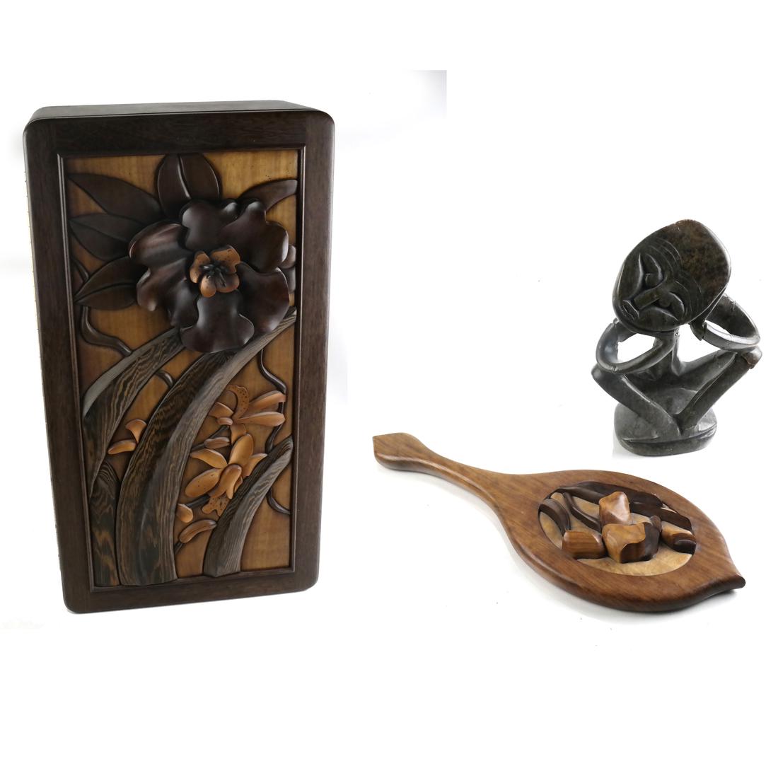 American Jewelry Cabinet, Hand Mirror, and Sculpture: Mixed wood floral decorated cabinet/box, together with a hand mirror, and a sculpture. Dimensions: Cabinet - 12" W x 7" D x 22"H; &nb