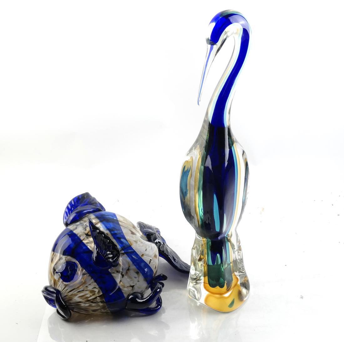 Two Art Glass Sculptures: Zanetti, Other: Comprises: 1.) a contemporary glass sculpture of a fish. Etched signature on tail fin illegible. Etched marks on tail fin "CMOG Eclips 2016". 2.) a glass sculpture of a heron with etched signature "Za