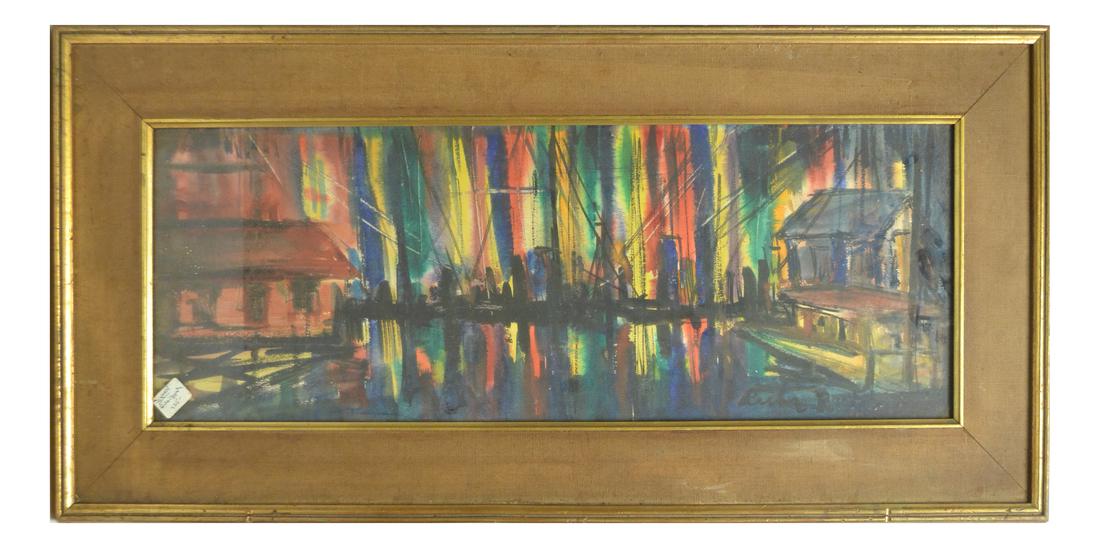 Rubi Roth, Harbor - Gouache on Paper: Harbor scene with multicolored sky and reflection in water. Signed lower right. Framed under glass. From the collection of Spencertown Art & Antique Company. Dimensions: Sight: 8.5"&nb