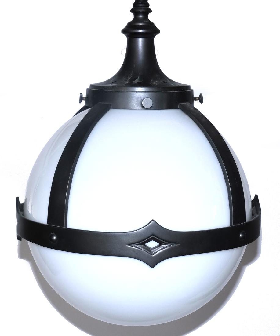 Globe Pendant Fixture: Metal and glass globe pendant fixture. Dimensions: 32" H x 16" ⌀; 