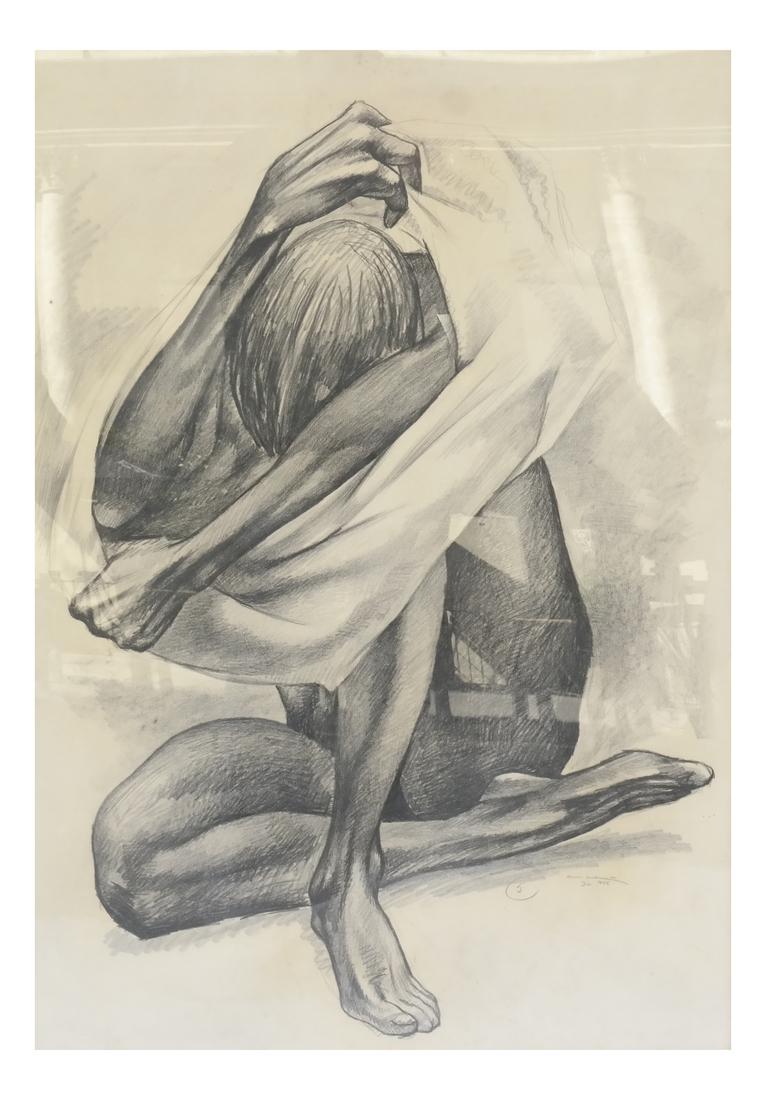 Guillermo Meza, Seated Nude - Charcoal: Guillermo Meza, seated nude charcoal. Signed lower right, 1945. From the Estate of Jose Ferrer. Dimensions: Art: 23.5" H x 36" W; Frame: 25"&nbs