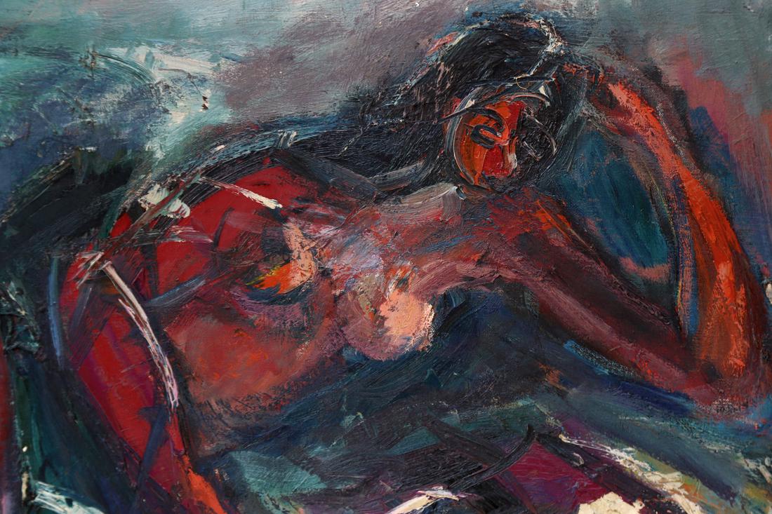 Alex Redein, Female Nude Abstract - Painting: Framed oil on canvas of a reclining nude female. Signed lower right, dated '62. Dimensions: Art: 20" H x 40" W; Frame: 25" H x 45