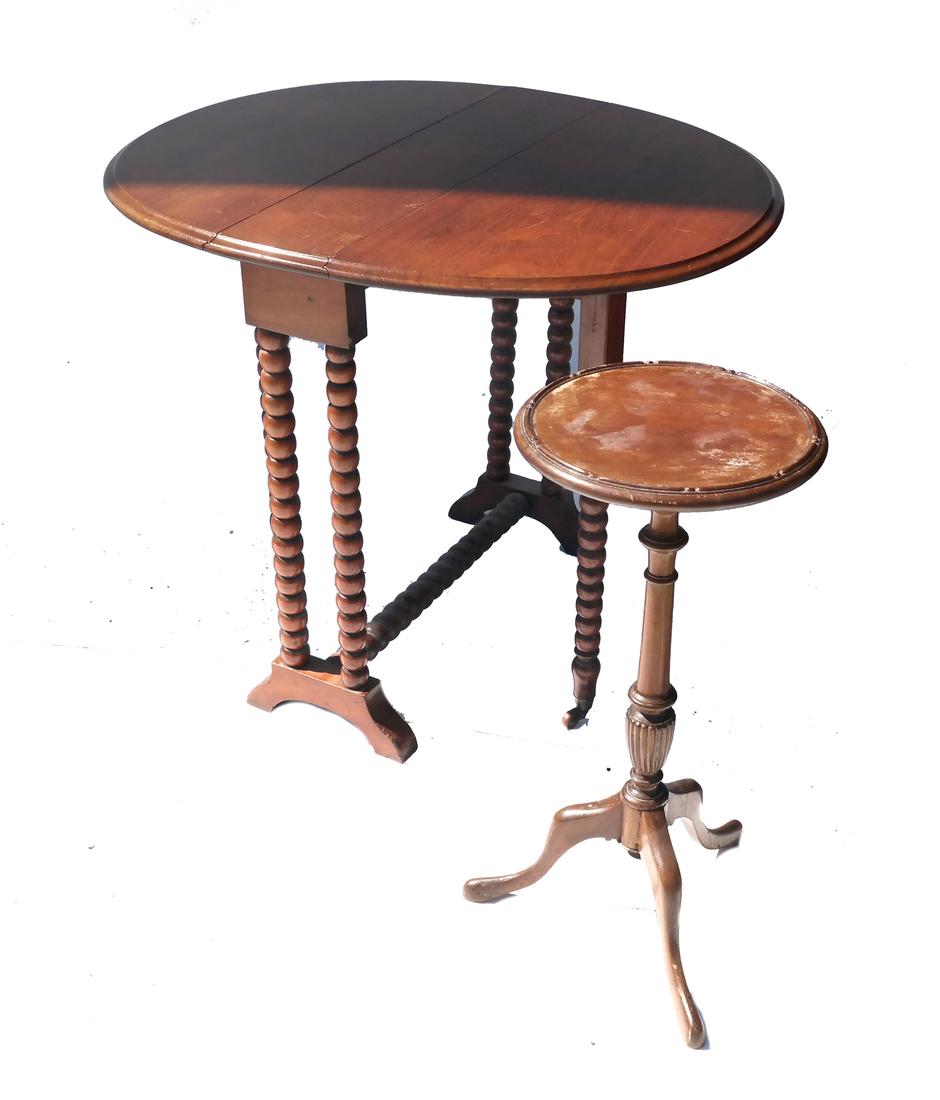 Stand, and Drop-Leaf Turned Leg Table: Comprises a stand, together with a drop-leaf turned leg table. Dimensions: 6.75" W x 25" D x 24"H; Extended - 35" W ;&