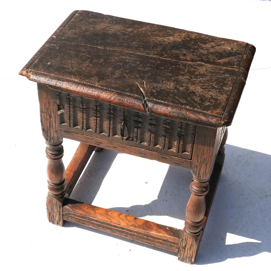 Jacobean-Style Franco-Flemish Type Table: With one drawer, carved drawer. Late 17th century and later. Dimensions: 11" W x 13.25" D x 19"H; 
