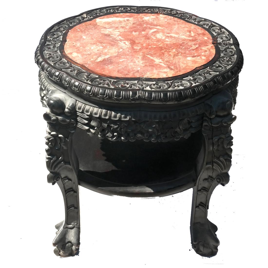 Chinese Carved Wood Marble Inset Table-Tabouret (1 of 5)