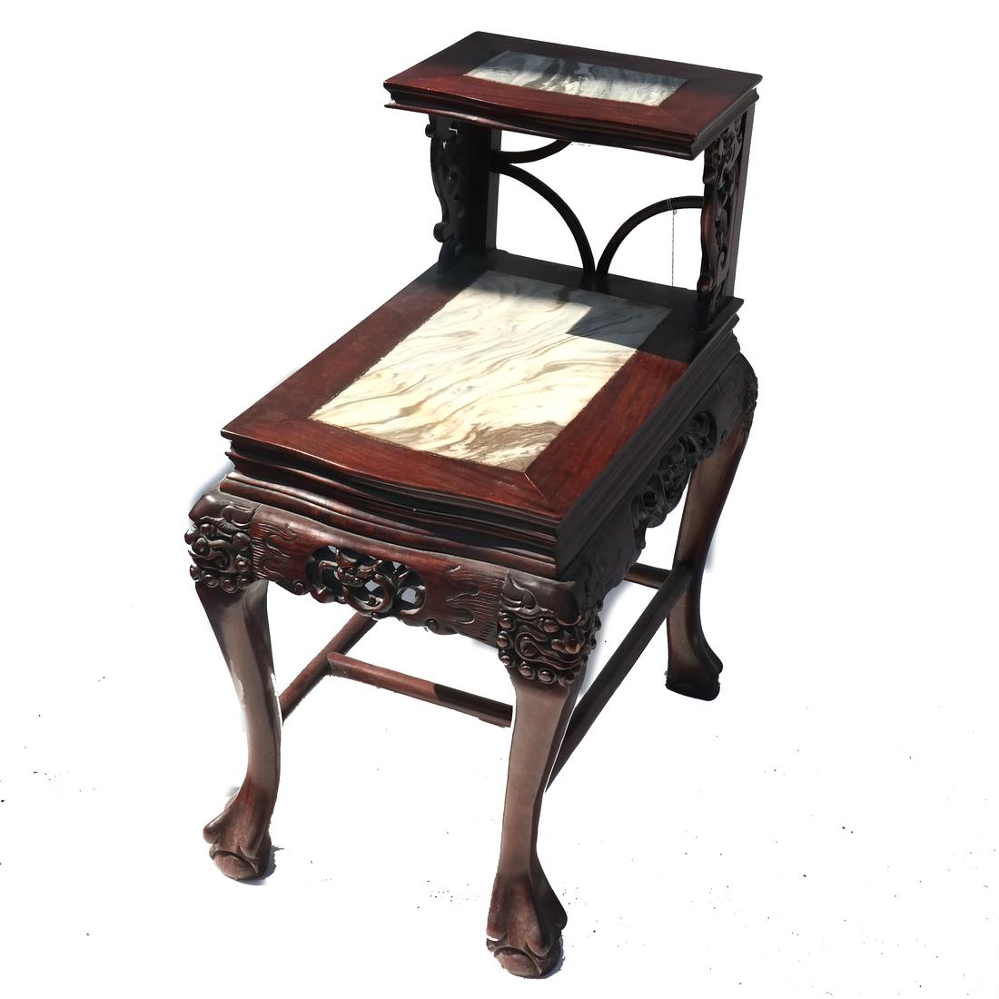 Chinese Carved Wood Marble Inset Two-Tier Step Table (1 of 5)