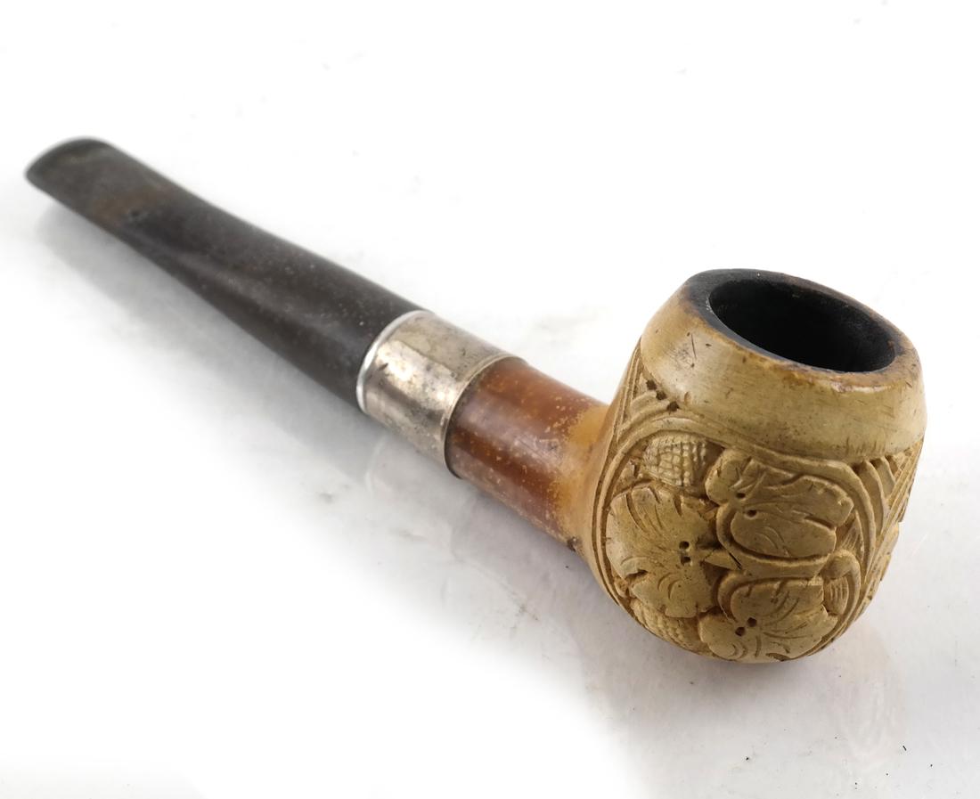 Antique Carved Meerschaum Pipe, Floral Designs, in Case (1 of 6)