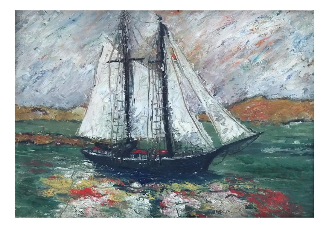 Attrib. to David Burliuk, Oil on Board - Ship at Sea (1 of 5)