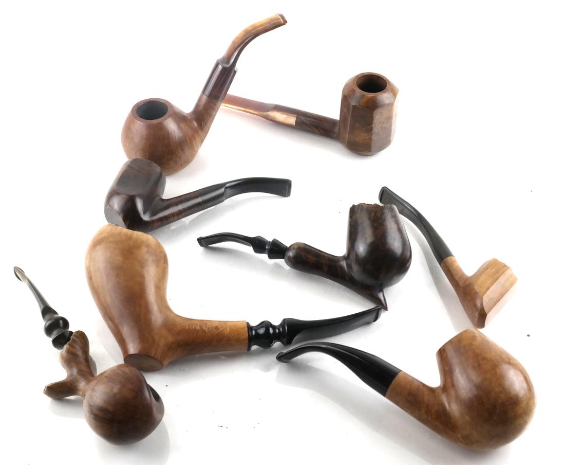 Collection of Exotic Wood Pipes by Tim West, Etc. (8): Collection of 8 exotic wood pipes, by Tim West, etc. Late 20th century. Dimensions: 6.75" L ; 