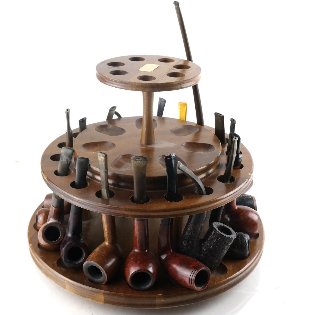 Teak Two-Tier Rotating Pipe Stand and 18 Pipes (1 of 9)