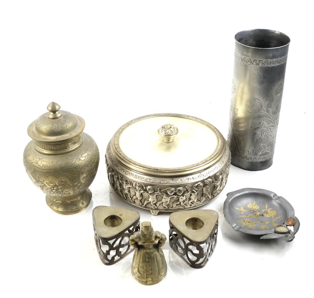 7 Metal Articles: Including a guilloche enamel glass lined PNCW metal box, and others. Circa 1930 and later. Dimensions: Bo - 3" H x 7.25" ⌀; 