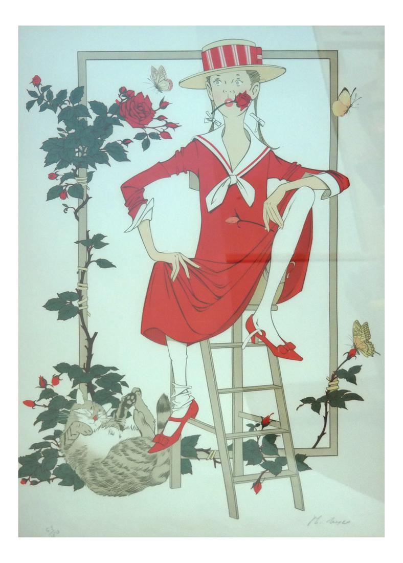 P.H. Noyer "Rosier" Signed Lithograph: P.H. Noyer, signed lithograph depicting a woman in red on a stool, "Rosier." Dimensions: Art: 29" H x 21" W; Frame: 38" H x 30&qu